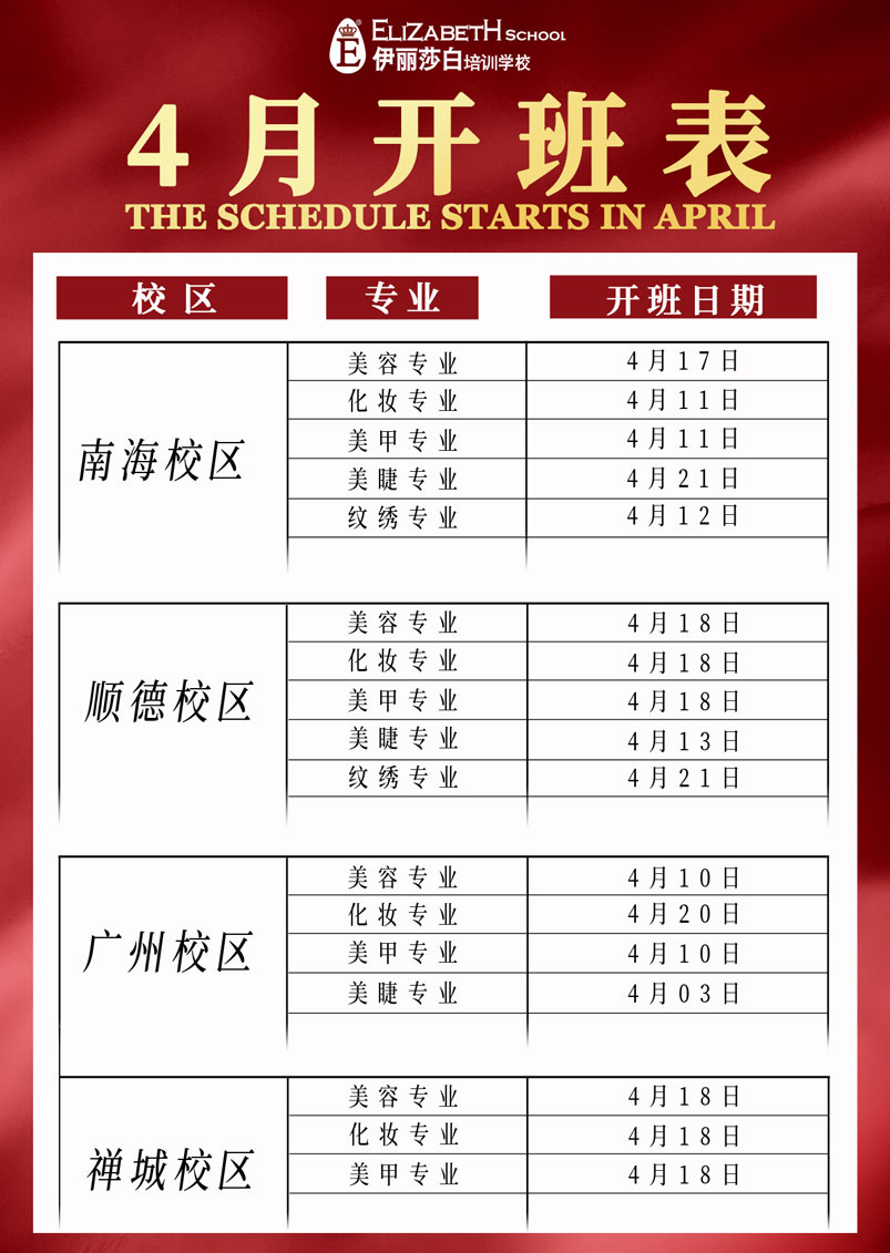 2023年4月份伊丽莎白培训学校最新开班表安排