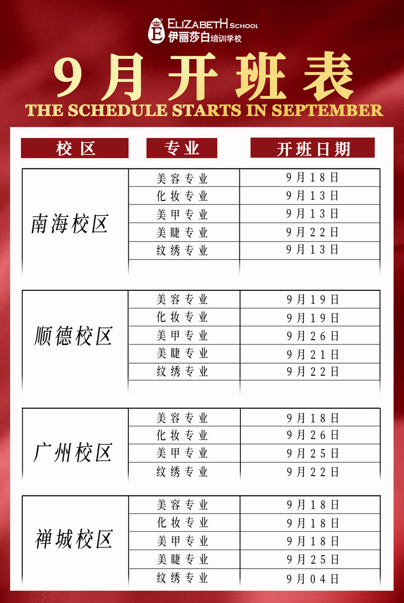 2023年9月份伊丽莎白培训学校最新开班表安排